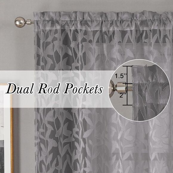 Charcoal Grey Textured Leaf Design Sheer Curtains, 2 Panels Jacquard Curtain - Picture 2 of 11